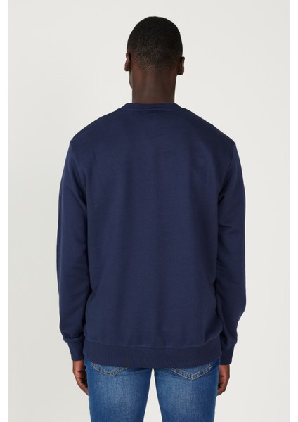 Erkek Lacivert Standart Fit Normal Kesim Bisiklet Yaka 3 Iplik Pamuklu Sweatshirt