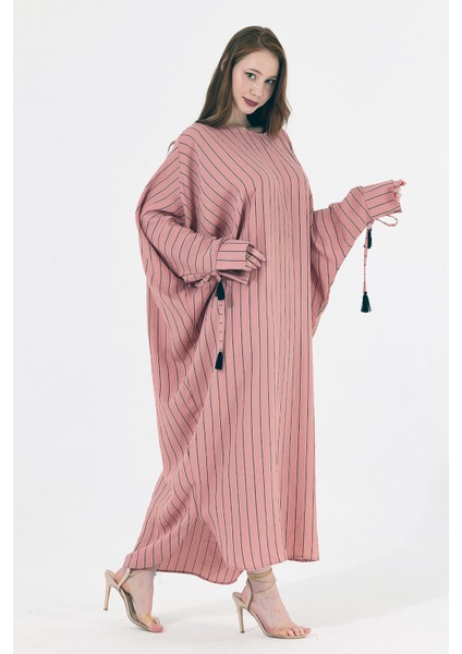 Manşetli Ip Püsküllü Viskon Çizgili Kimono | KMN35613
