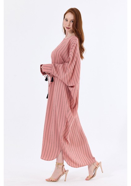 Manşetli Ip Püsküllü Viskon Çizgili Kimono | KMN35613