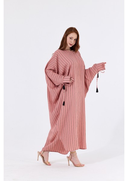 Manşetli Ip Püsküllü Viskon Çizgili Kimono | KMN35613