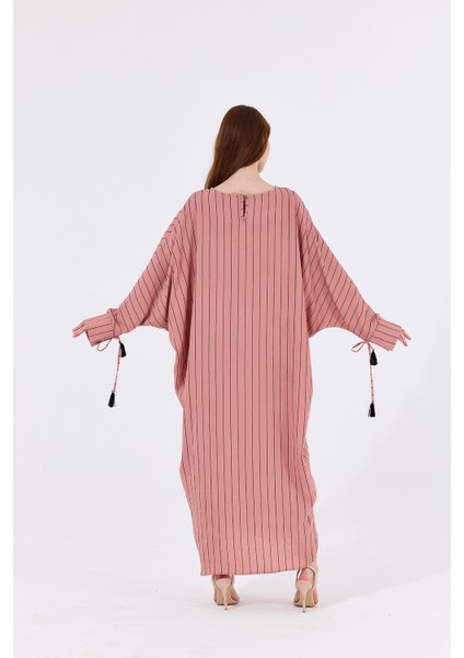 Manşetli Ip Püsküllü Viskon Çizgili Kimono | KMN35613