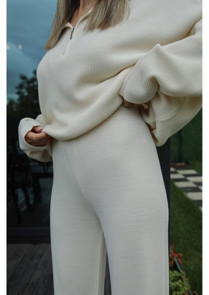 Örgü Detaylı Oversize Kazak Pantolon Triko Alt-Üst Takım