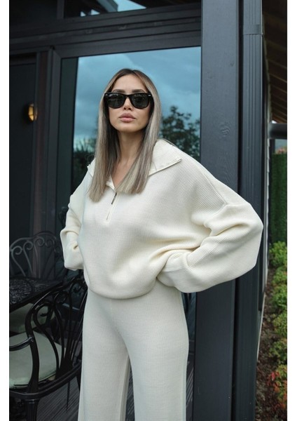 Örgü Detaylı Oversize Kazak Pantolon Triko Alt-Üst Takım modelleri
