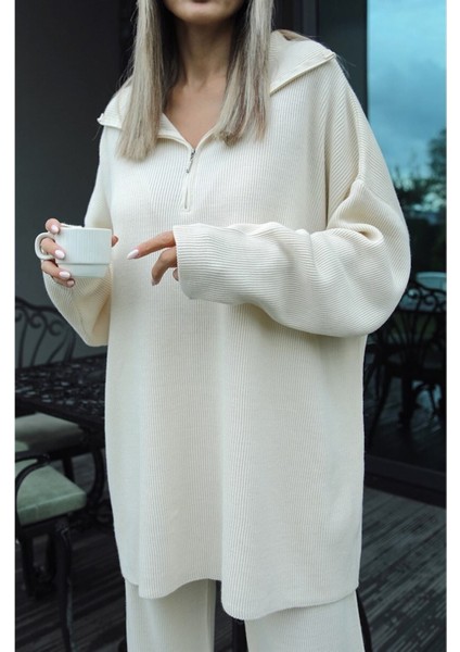 Örgü Detaylı Oversize Kazak Pantolon Triko Alt-Üst Takım fırsatları