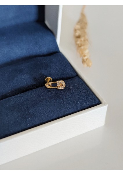 Cerrahi Çelik Zirkon Taşlı Gold Çengelli Piercing , Tragus