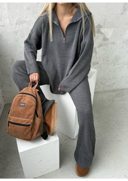 Örgü Detaylı Oversize Kazak Pantolon Triko Alt-Üst Takım