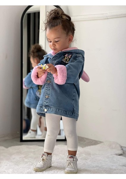 Kapşonlu Minnie Mouslu Nakışlı Peluşlu ve Düğmeli Kız Çocuk Kot Mont