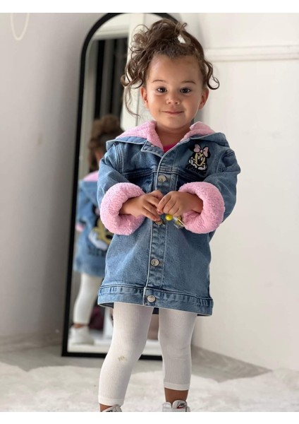 Kapşonlu Minnie Mouslu Nakışlı Peluşlu ve Düğmeli Kız Çocuk Kot Mont fiyatları