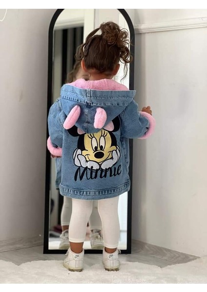 Kapşonlu Minnie Mouslu Nakışlı Peluşlu ve Düğmeli Kız Çocuk Kot Mont modelleri