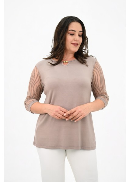 Kadın Büyük Beden Tül Detaylı Aksesuar Yaka Bluz 1864-25 modelleri