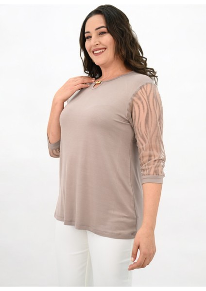Kadın Büyük Beden Tül Detaylı Aksesuar Yaka Bluz 1864-25 fırsatları
