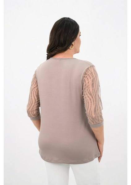 Kadın Büyük Beden Tül Detaylı Aksesuar Yaka Bluz 1864-25 indirimleri