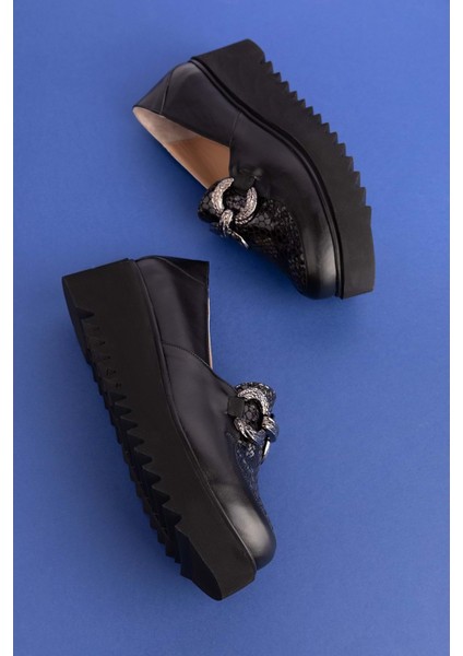 Deri Dolgu Topuklu Tokalı Ayakkabı AST.8403 - Siyah Petek - 40 indirimleri