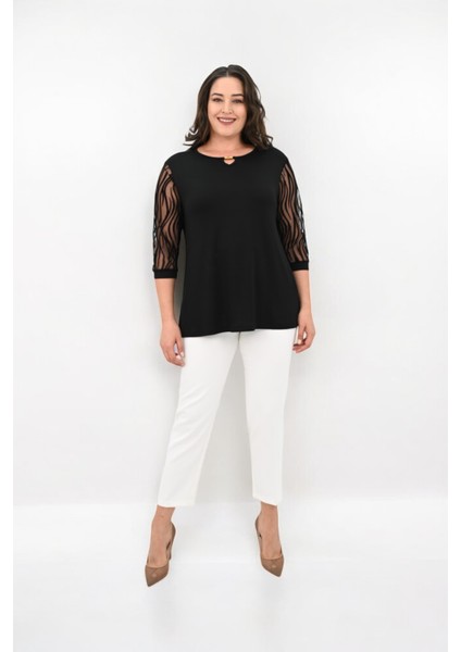 Kadın Büyük Beden Tül Detaylı Aksesuar Yaka Bluz 1864-25 fiyatları