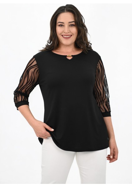 Kadın Büyük Beden Tül Detaylı Aksesuar Yaka Bluz 1864-25