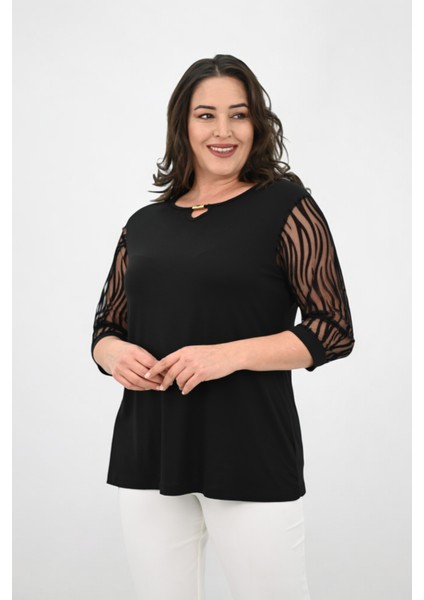 Kadın Büyük Beden Tül Detaylı Aksesuar Yaka Bluz 1864-25 modelleri