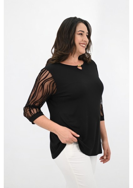 Kadın Büyük Beden Tül Detaylı Aksesuar Yaka Bluz 1864-25 fırsatları