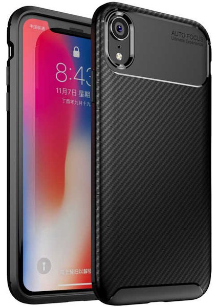 iPhone Xr Kılıf Negro Karbon Desen Silikon + Ekran Koruyucu