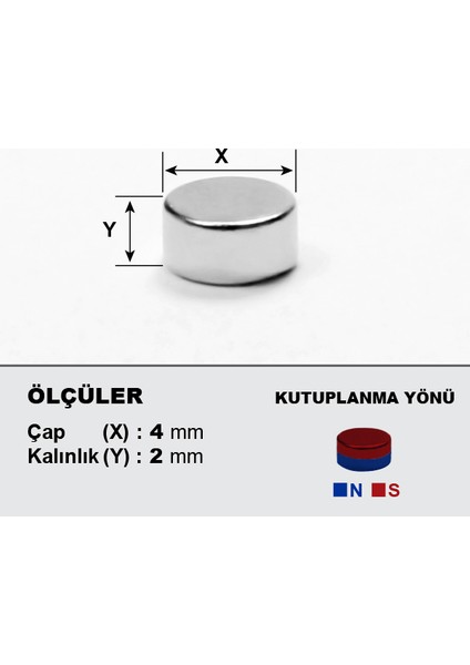 Neodyum Mıknatıs D4 X2 Çap:4 mm Kalınlık:2mm Çok Güçlü Mıknatıs [50 Adet]