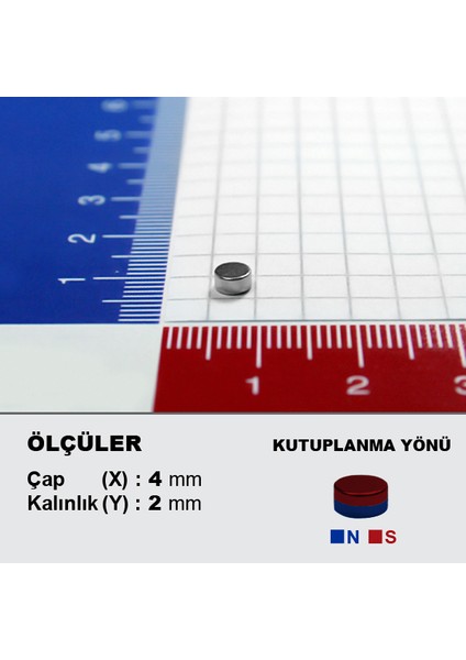 Neodyum Mıknatıs D4 X2 Çap:4 mm Kalınlık:2mm Çok Güçlü Mıknatıs [50 Adet]