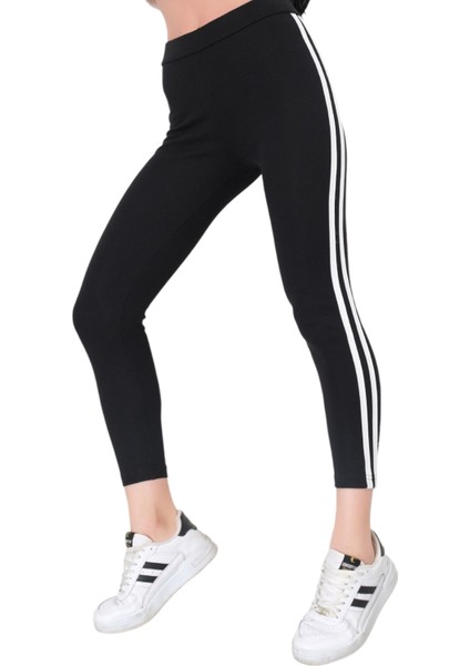 Kadın Çift Şerit Detaylı Beli Lastikli Siyah Renk Tayt indirimleri