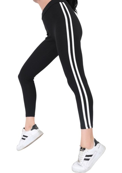 Kadın Çift Şerit Detaylı Beli Lastikli Siyah Renk Tayt