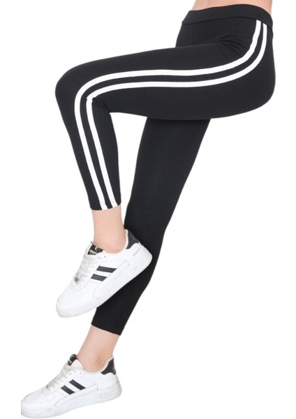 Kadın Çift Şerit Detaylı Beli Lastikli Siyah Renk Tayt fiyatları