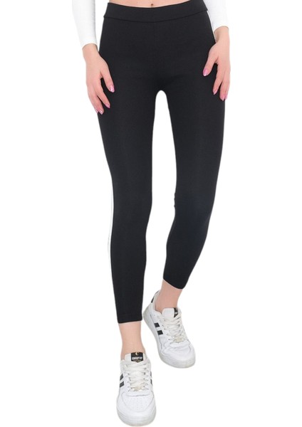 Kadın Çift Şerit Detaylı Beli Lastikli Siyah Renk Tayt modelleri