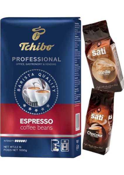 Profesional Espresso Çekirdek Kahve 1kg+Les Cafes Sati Öğütülmüş Çikolata Aromalı Kahve 250GR+ÖGGÜTÜLMÜS  Vanilya Aromalı Kahve 250GR