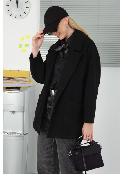 Geniş Yaka Kaşe Kaban Siyah