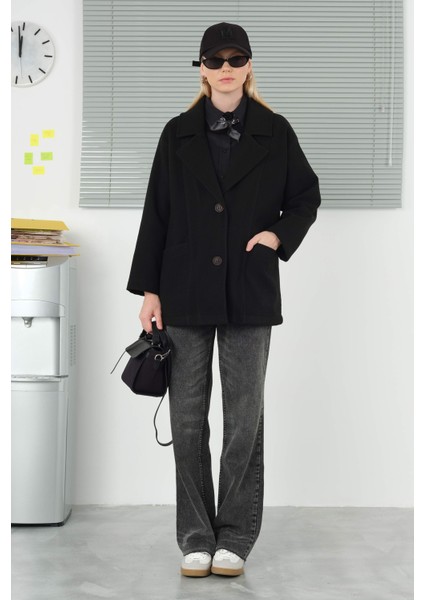 Geniş Yaka Kaşe Kaban Siyah indirimleri