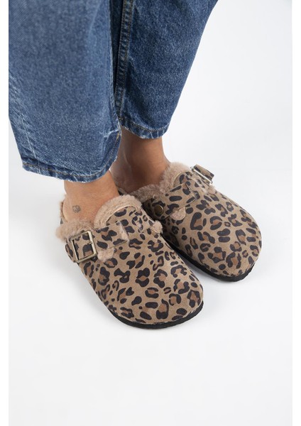 (Zeta 2 Kürklü Leopar) Kadın Hakiki Deri Kemerli Tokalı Sabo Vizon Terlik fiyatları