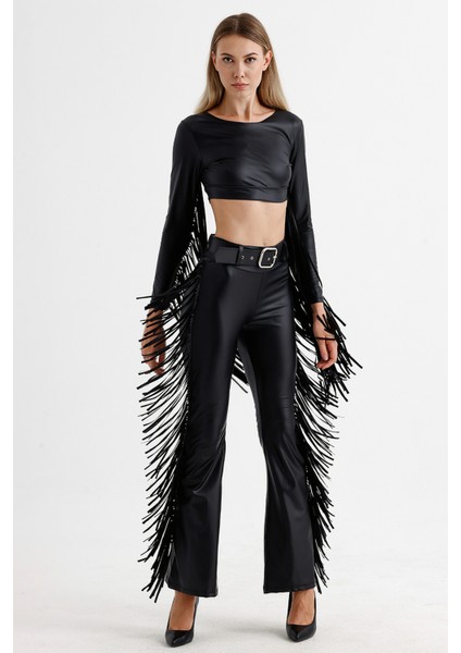 Kemerli Püskül Detaylı Suni Deri Pantolon | PNT35799