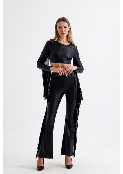 Kemerli Püskül Detaylı Suni Deri Pantolon | PNT35799 modelleri