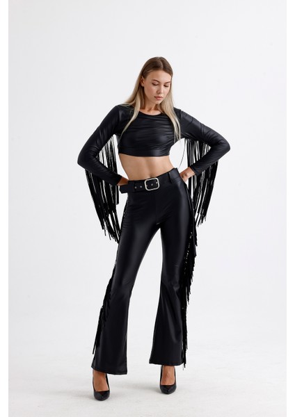 Kemerli Püskül Detaylı Suni Deri Pantolon | PNT35799 fırsatları