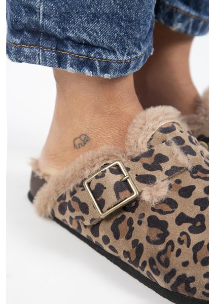 (Zeta 2 Kürklü Leopar) Kadın Hakiki Deri Kemerli Tokalı Sabo Vizon Terlik modelleri