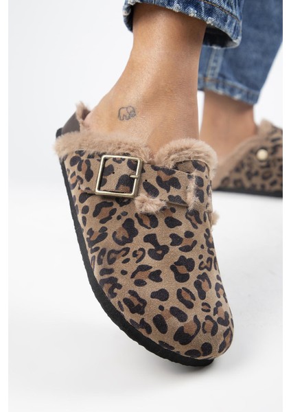 (Zeta 2 Kürklü Leopar) Kadın Hakiki Deri Kemerli Tokalı Sabo Vizon Terlik indirimleri