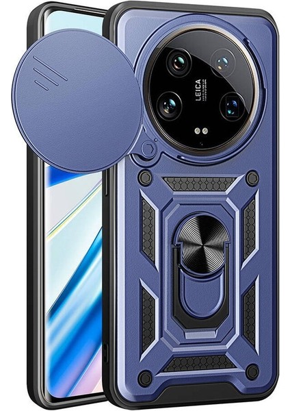 Xiaomi Mi 14 Ultra Uyumlu Kılıf Magnetik Standlı Kamera Korumalı Zore Sürgülü Vega Kapak, Mavi