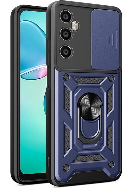 Realme C65 4g Uyumlu Kılıf Magnetik Standlı Kamera Korumalı Zore Sürgülü Vega Kapak, Mavi