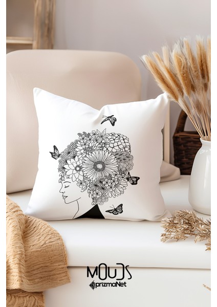 Çift Tarafı Baskılı Flower Woman Line Desenli Tekli Süet Kırlent Kılıfı fiyatları