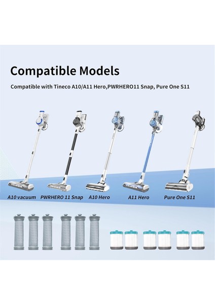 Tineco A10 Serisi A11 Serisi, Pure One S11, S11 Serisi, 6 Ön Filtre ve 6 Hepa Filtre Için Vakum Filtresi Değişimi (Yurt Dışından) modelleri