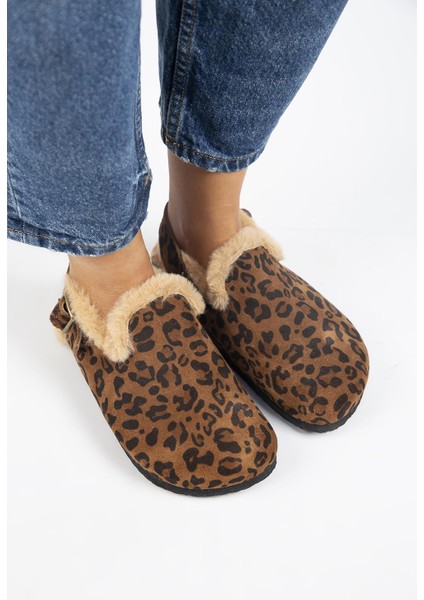 (Holly 2 Kürklü Leopar) Kadın Deri Kemerli Tokalı Sabo Taba Sandalet fiyatları