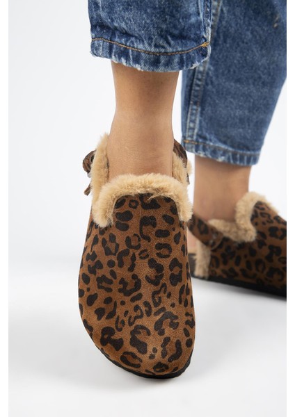 (Holly 2 Kürklü Leopar) Kadın Deri Kemerli Tokalı Sabo Taba Sandalet modelleri