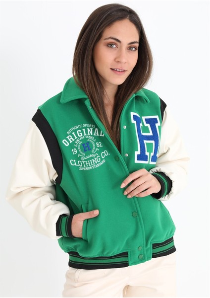Beli Lastikli Kolları Deri Kolej Ceket Mont - Yeşil fiyatları