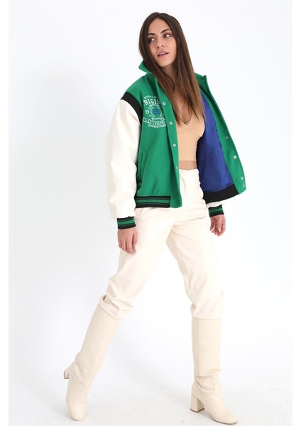 Beli Lastikli Kolları Deri Kolej Ceket Mont - Yeşil modelleri
