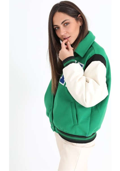 Beli Lastikli Kolları Deri Kolej Ceket Mont - Yeşil indirimleri