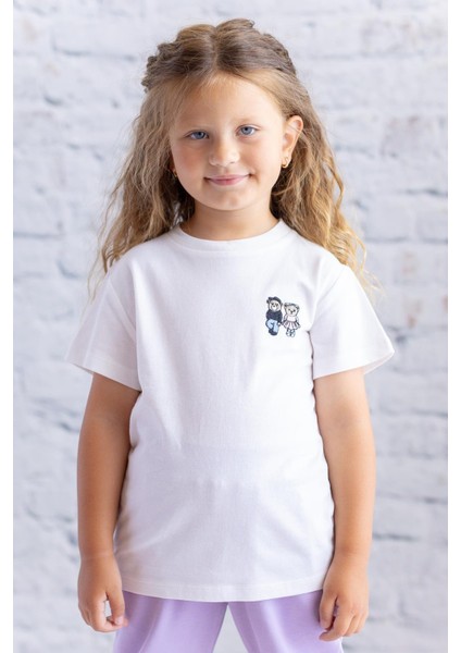 Kız Çocuk Nakış Detaylı Kısa Kollu T-Shirt - Ekru
