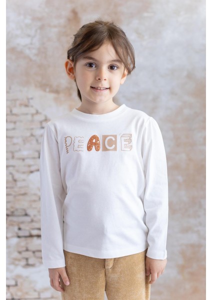 Kız Çocuk Sim Baskılı Kolu Büzgülü T-Shirt - Taba