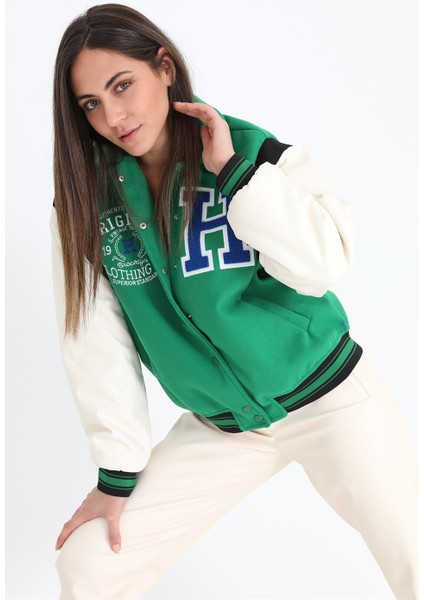 Beli Lastikli Kolları Deri Kolej Ceket Mont - Yeşil fırsatları