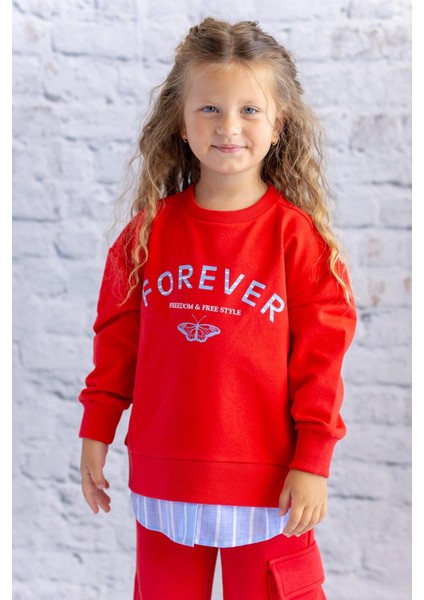 Kız Çocuk Gömlek Detaylı Baskılı Sweatshirt - Kırmızı